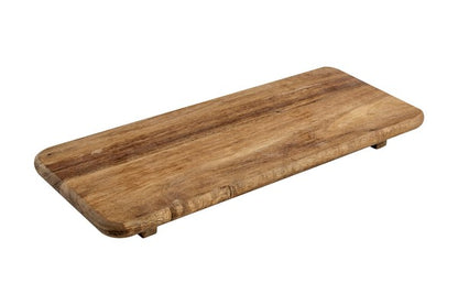 A dark wooden display platter with a rectangular shape on a white background.