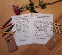 Load image into Gallery viewer, Childrens personalised wedding activity pack. Childrens wedding favour. Colouring pack with pencils/crayons. Childrens wedding activity pack
