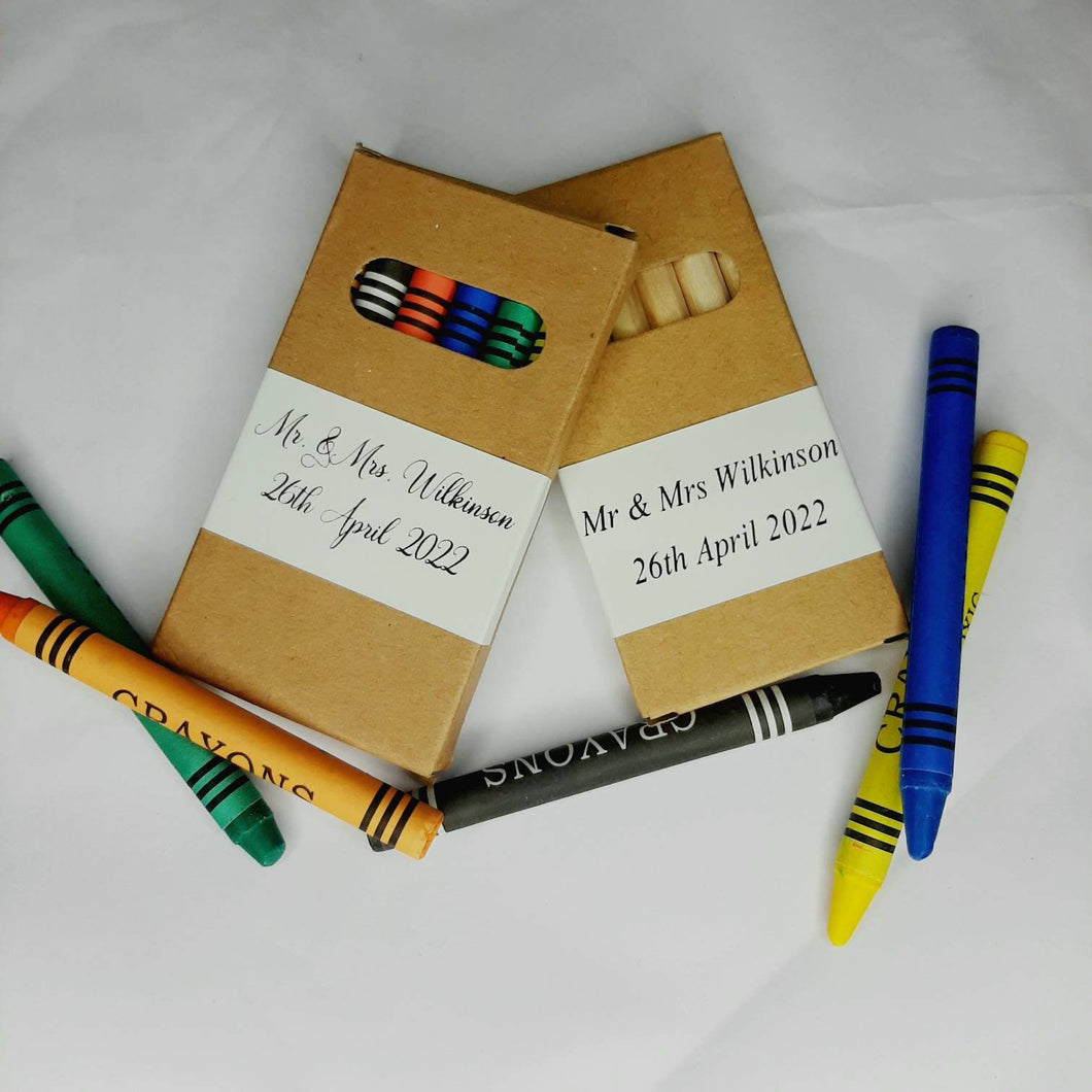 Custom Labelled pencils or crayons, Personalised Pencils and crayons, Wedding stationary, Party stationary, Bespoke favour stationary,