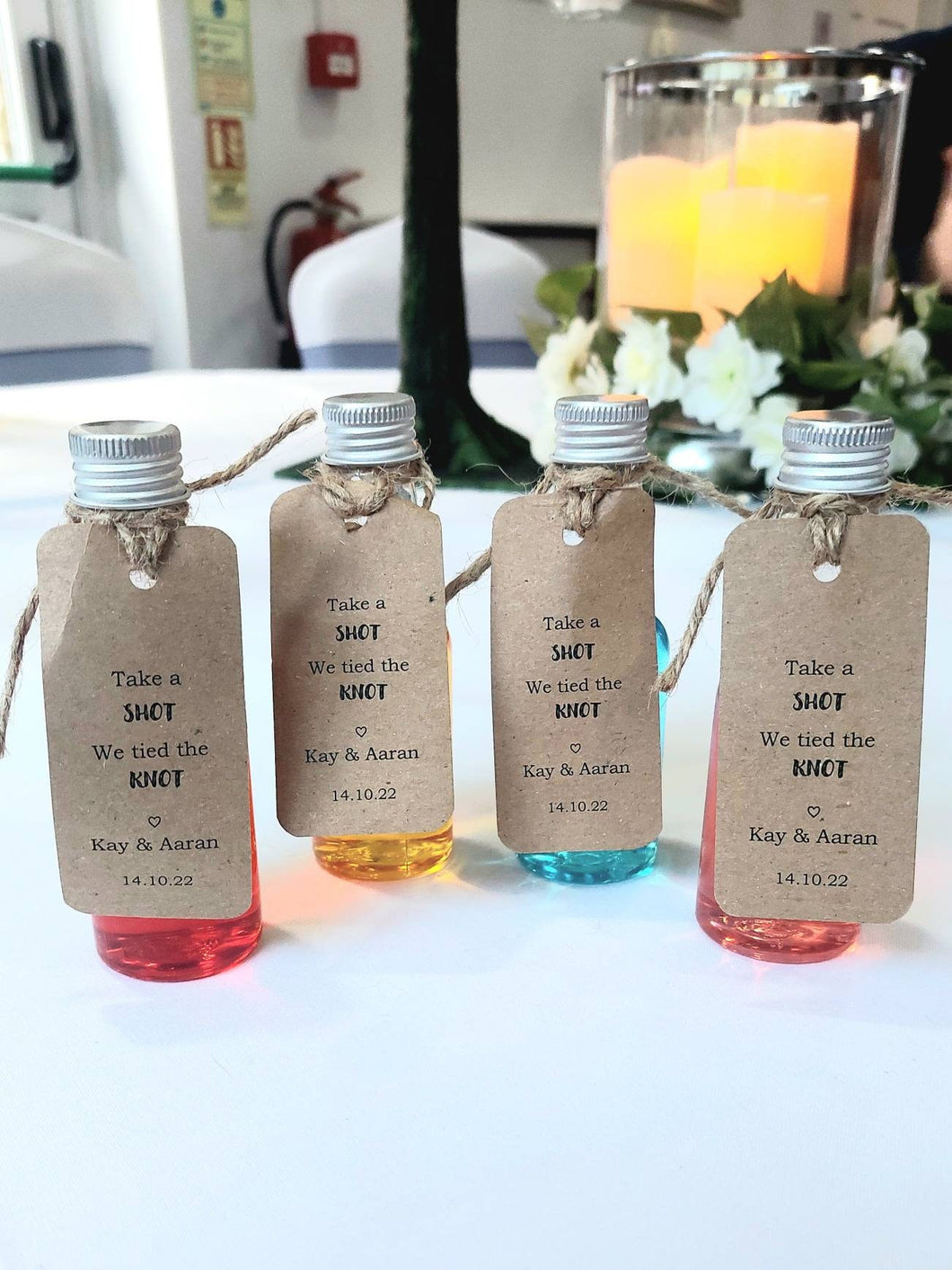 Personalised take a shot tags we tied the knot, Wedding drink favours, favor tags, drink tags for parties, anniversary, engagement, signs