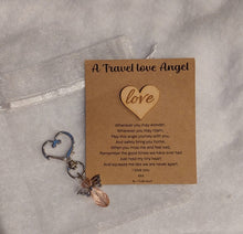 Load image into Gallery viewer, Little travel angel and love keyring, wallet love, Angel Love keyring gift, thinking of you, missing you, pick me up token, Wooden key token
