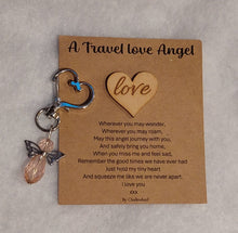 Load image into Gallery viewer, Little travel angel and love keyring, wallet love, Angel Love keyring gift, thinking of you, missing you, pick me up token, Wooden key token
