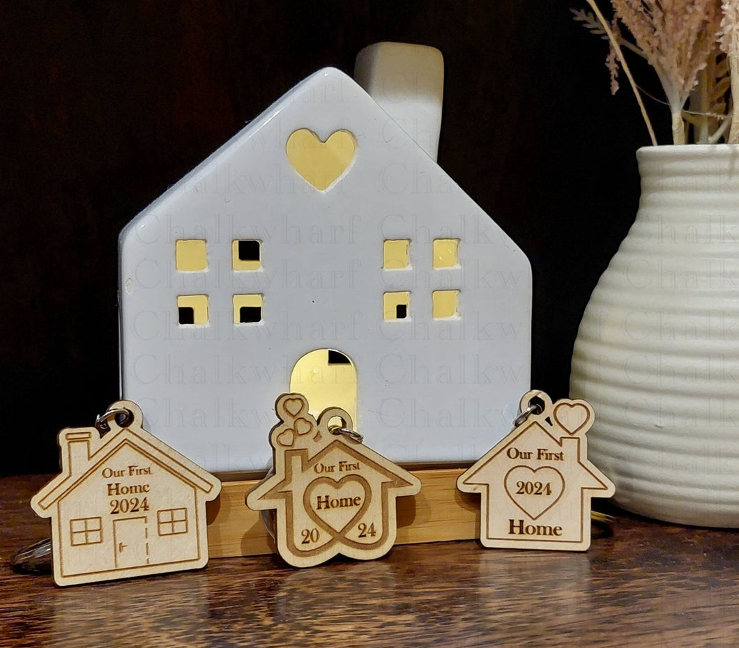 Personalised New Home Keyring, Our First Home - Housed shaped wooden keyrings,  My First Home Gift, Housewarming Present, Couples Gift,